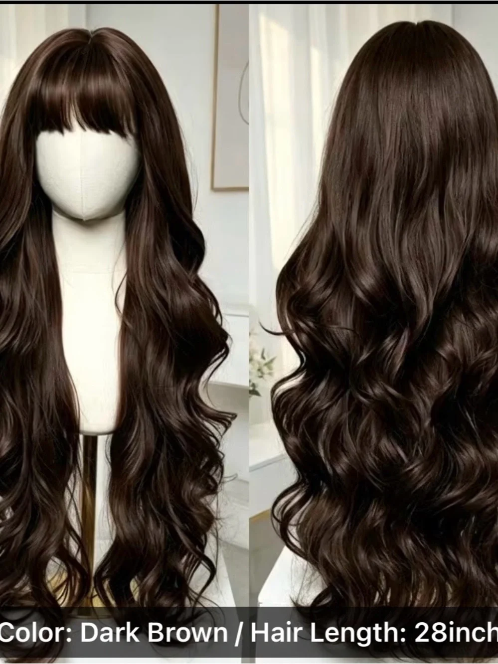 Dark Brown Long Wavy Women's Wig with Bangs